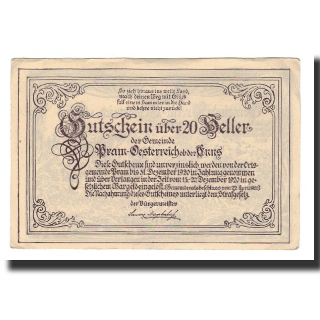 Banknot, Austria, Pram O.Ö. Gemeinde, 20 Heller, texte 1, 1920, 1920-12-31