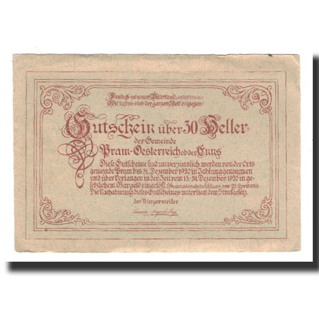 Banknot, Austria, Pram O.Ö. Gemeinde, 30 Heller, Texte 2, 1920, 1920-12-31