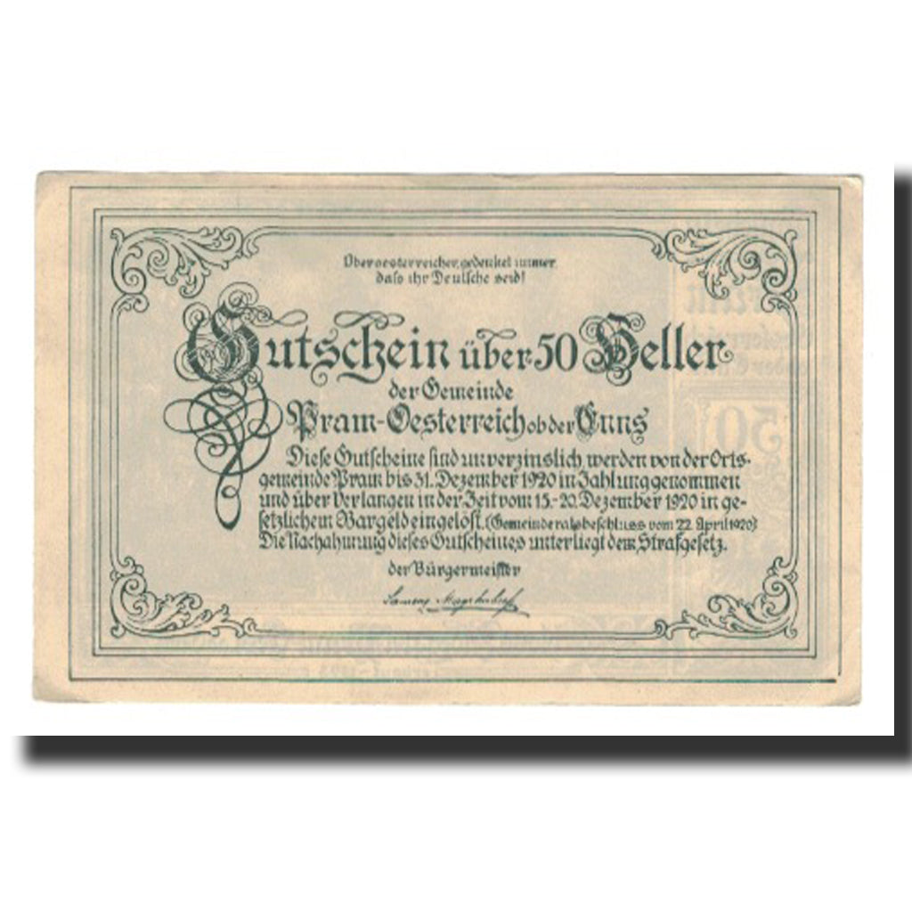Banknot, Austria, Pram O.Ö. Gemeinde, 50 Heller, Texte 3, 1920, 1920-12-31