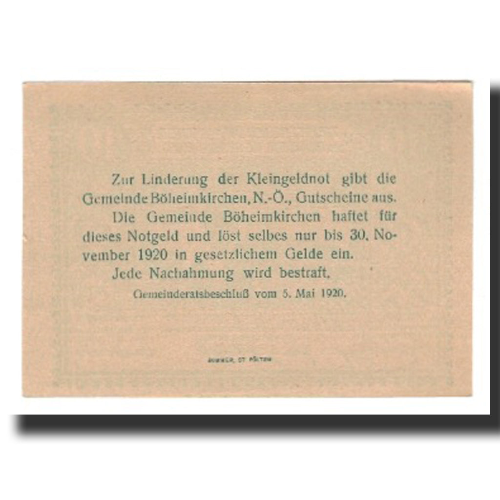 Banknot, Austria, Böheimkirchen, 10 Heller, Texte, 1920, 1920-11-30, AU(55-58)