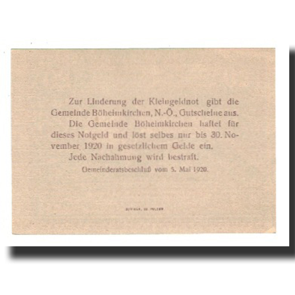 Biljet, Oostenrijk, Böheimkirchen, 20 Heller, texte 1, 1920, 1920-11-30, SUP