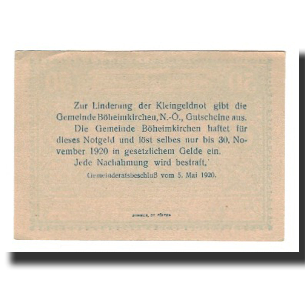 Biljet, Oostenrijk, Böheimkirchen, 50 Heller, Texte 2, 1920, 1920-11-30, SUP