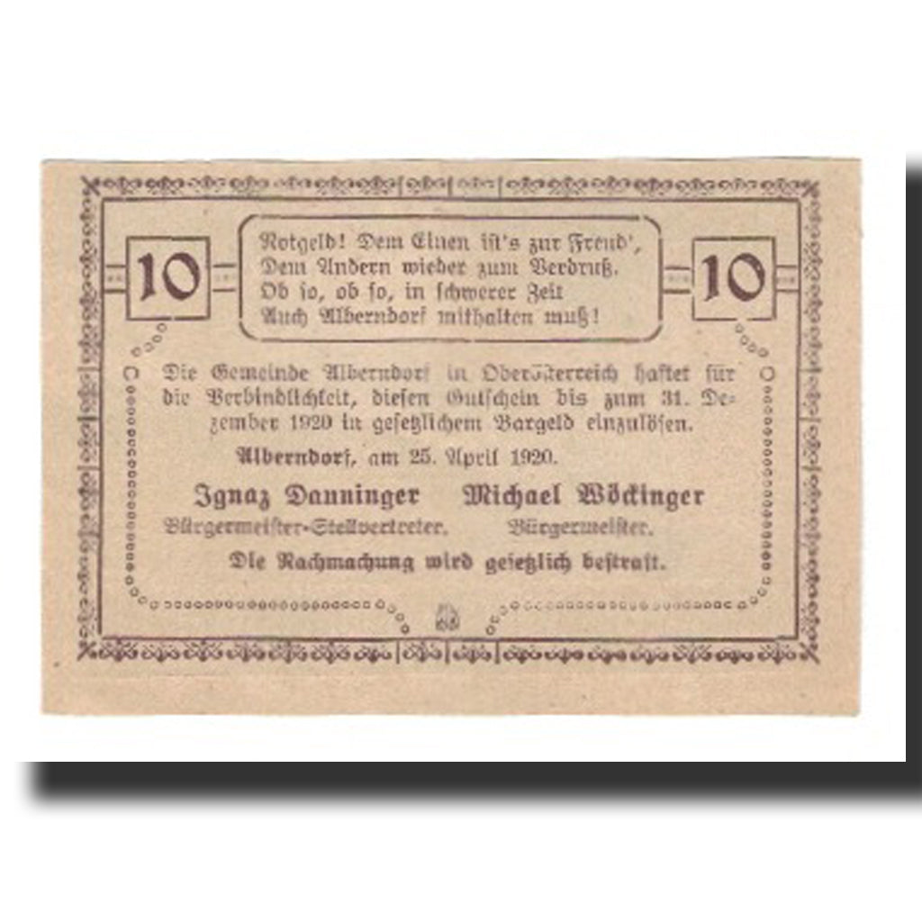 Banconote, Austria, Alberndorf, 10 Heller, Texte, 1920, 1920-12-31, SPL-