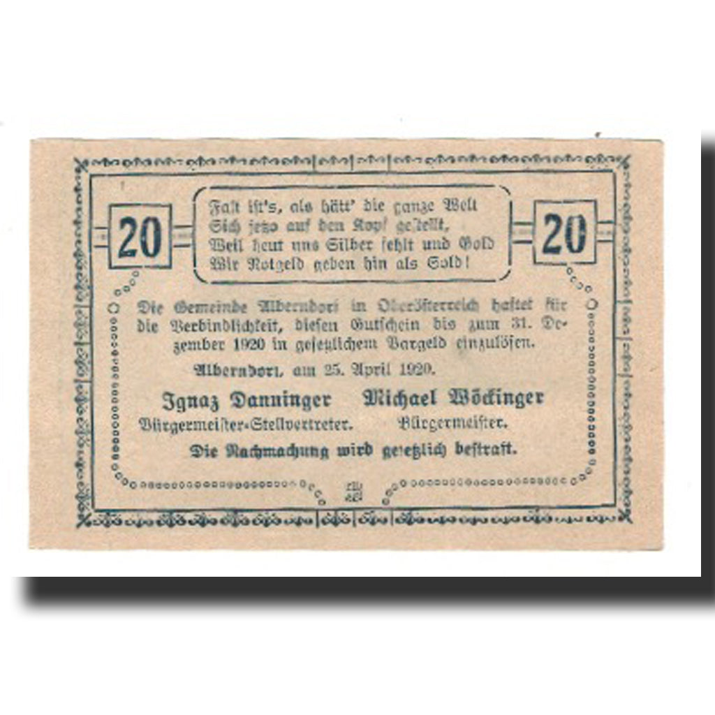 Banknot, Austria, Alberndorf, 20 Heller, texte 1, 1920, 1920-12-31, AU(55-58)