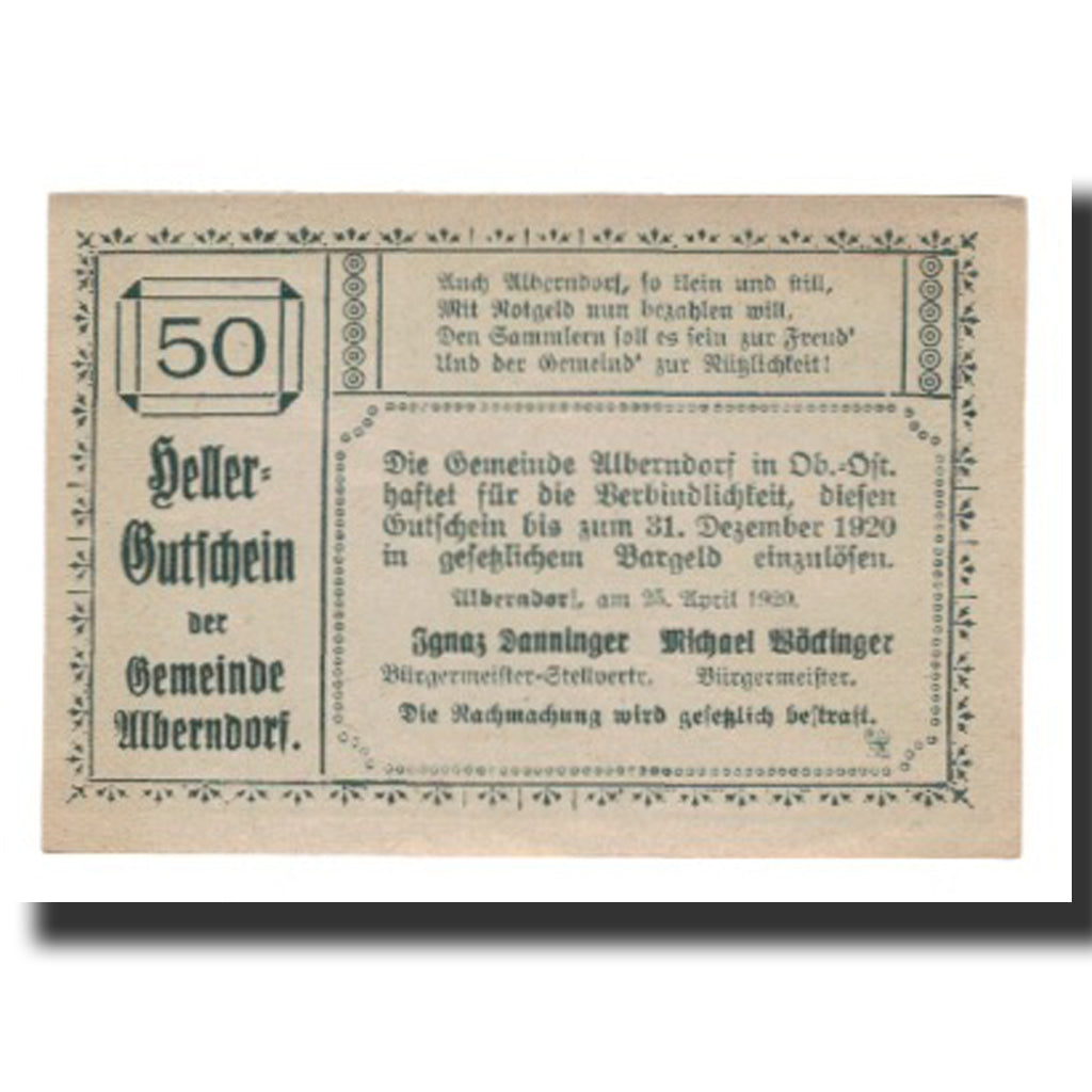 Banknot, Austria, Alberndorf, 50 Heller, Texte 2, 1920, 1920-12-31, AU(55-58)