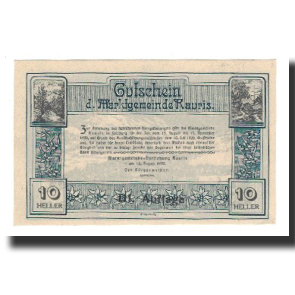 Banknot, Austria, Rauris, 10 Heller, Texte, 1920, 1920-11-15, AU(55-58), Mehl:FS
