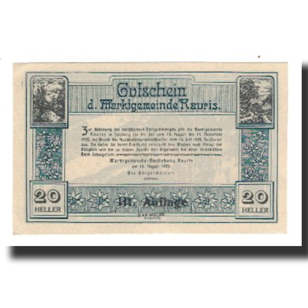 Banconote, Austria, Rauris, 20 Heller, Texte 3, 1920, 1920-11-15, SPL-, Mehl:FS
