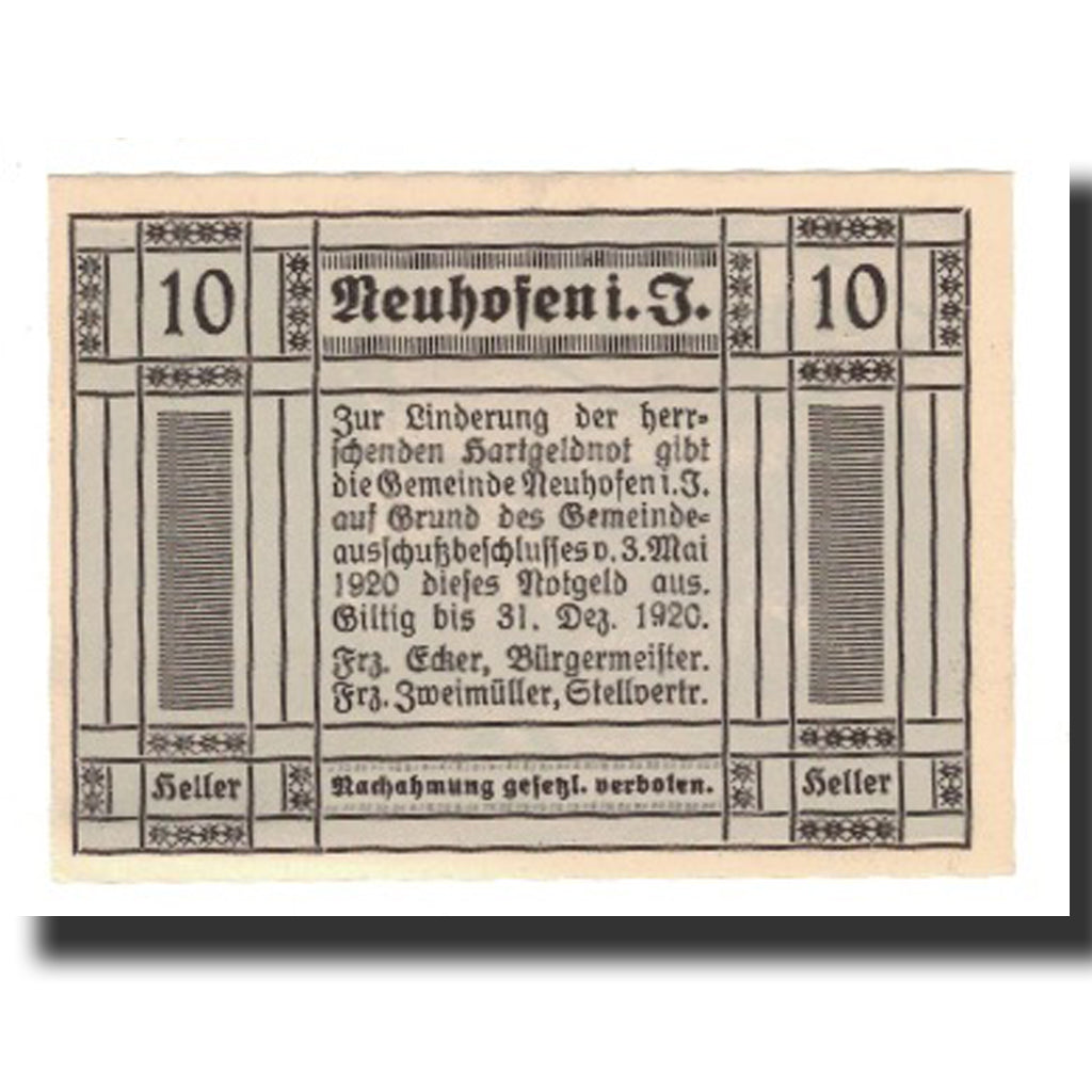 Banconote, Austria, Neuhofen im Innkreis, 10 Heller, Texte, 1920, 1920-12-31