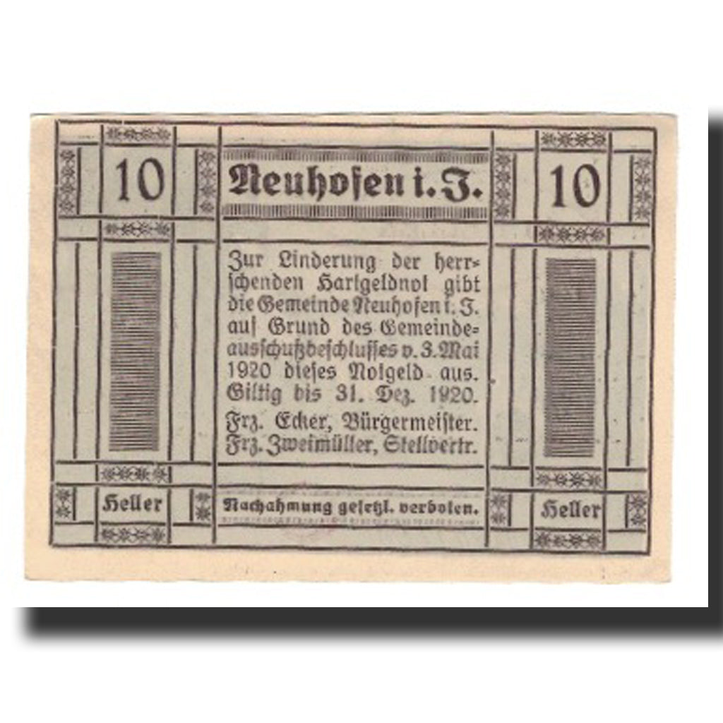 Banconote, Austria, Neuhofen im Innkreis, 10 Heller, texte 1, 1920, 1920-12-31