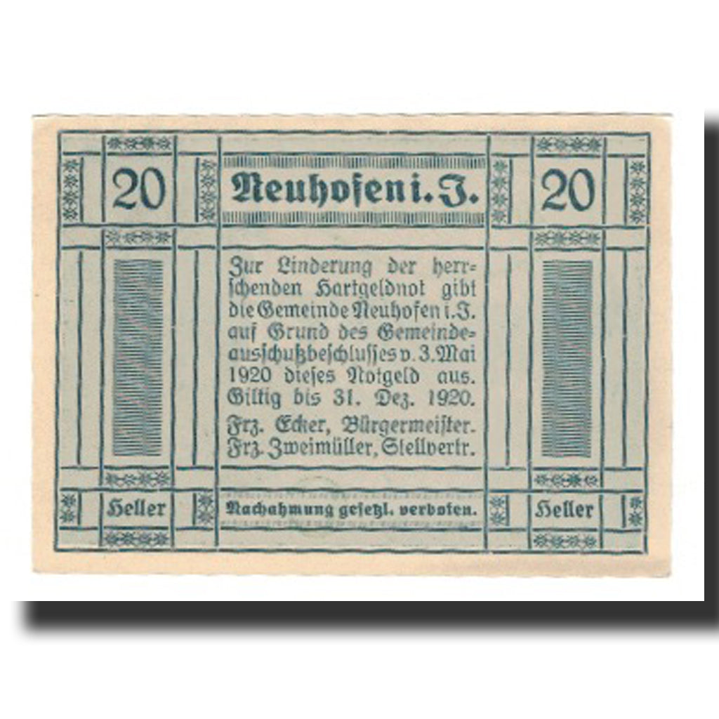 Biljet, Oostenrijk, Neuhofen im Innkreis, 20 Heller, Texte 2, 1920, 1920-12-31