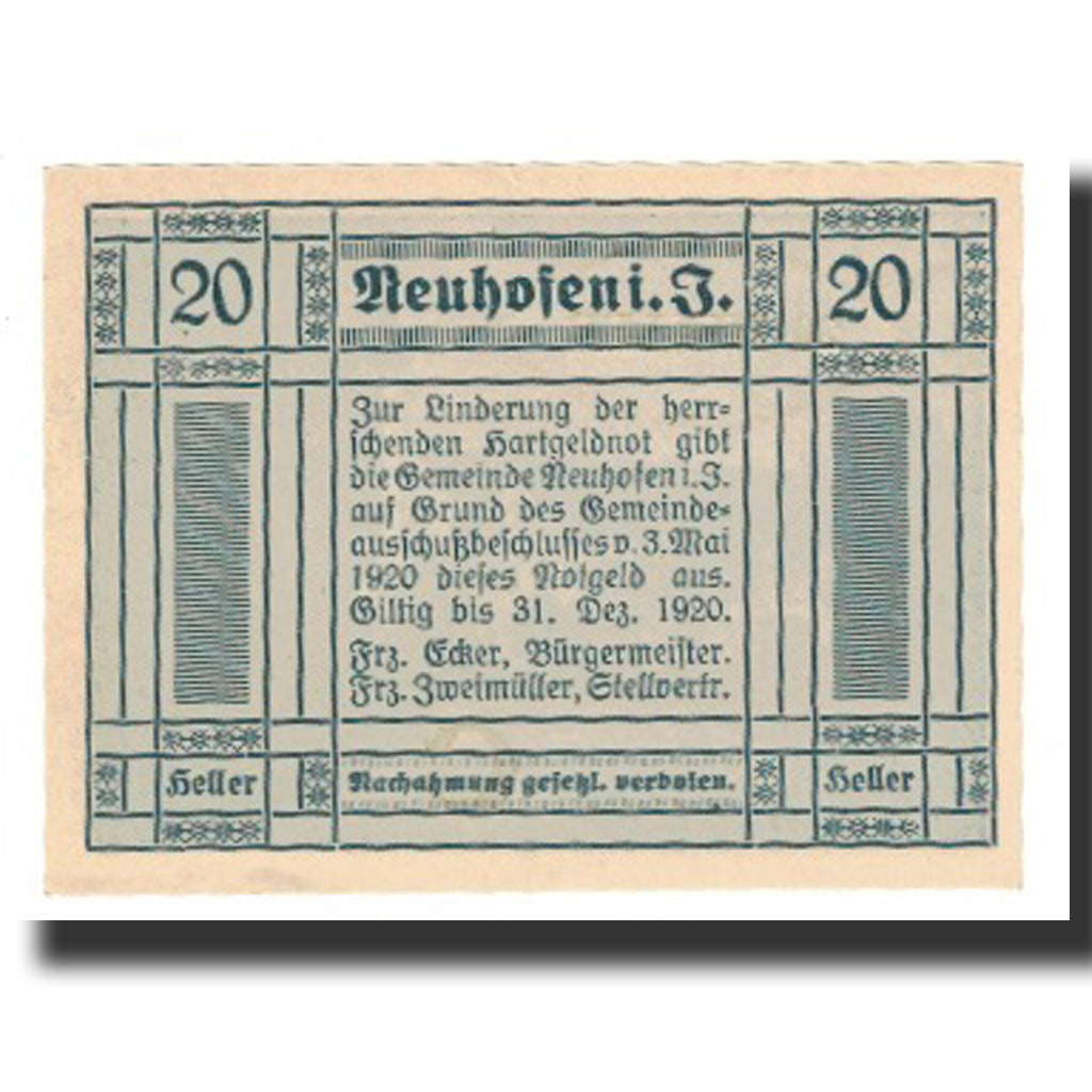 Banconote, Austria, Neuhofen im Innkreis, 20 Heller, Texte 3, 1920, 1920-12-31
