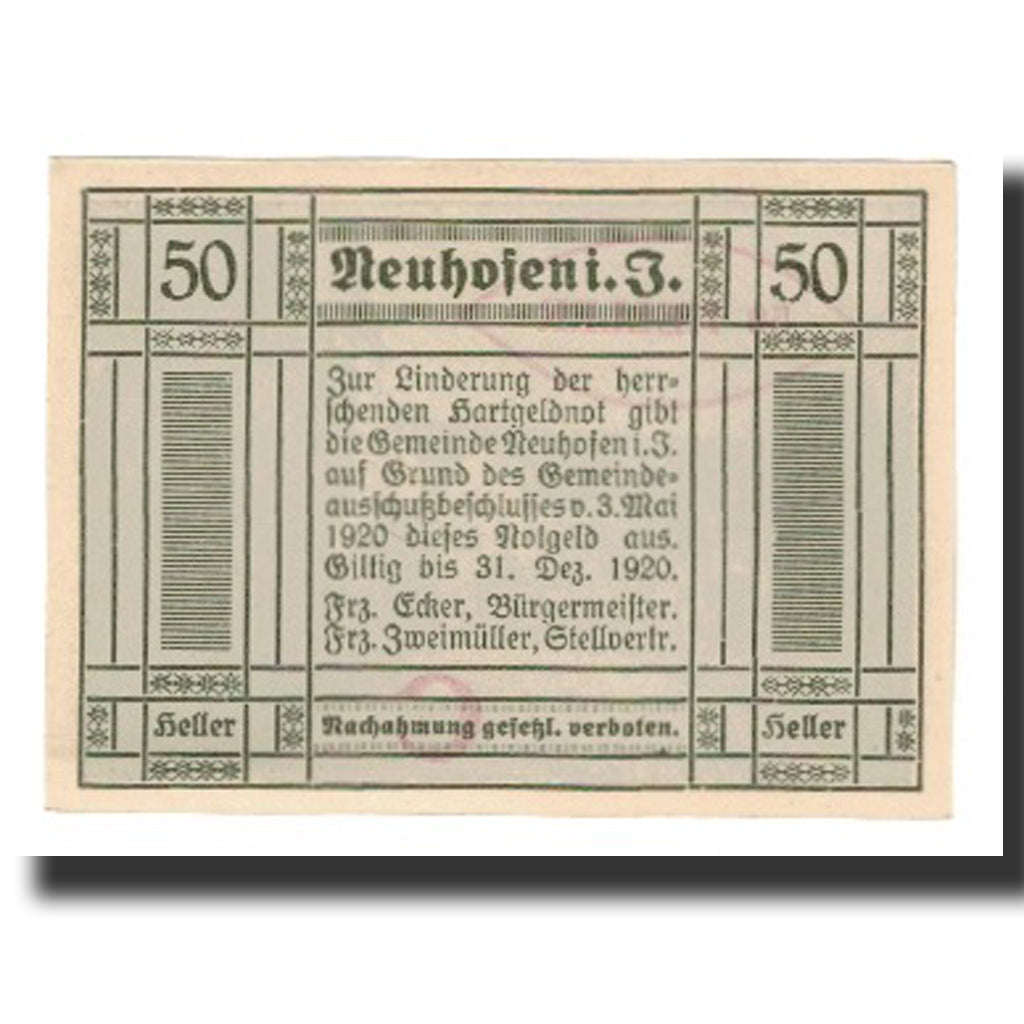 Biljet, Oostenrijk, Neuhofen im Innkreis, 50 Heller, Texte  5, 1920, 1920-12-31
