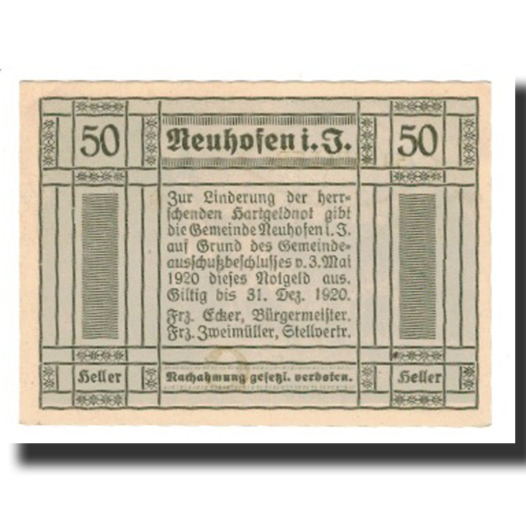 Banconote, Austria, Neuhofen im Innkreis, 50 Heller, Texte 6, 1920, 1920-12-31