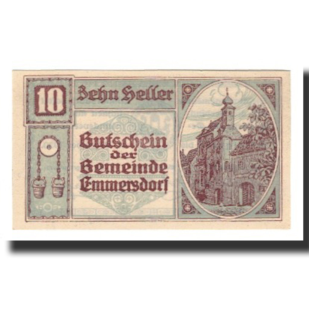 Banconote, Austria, Emmersdorf N.Ö. Gemeinde, 10 Heller, Texte, 1920