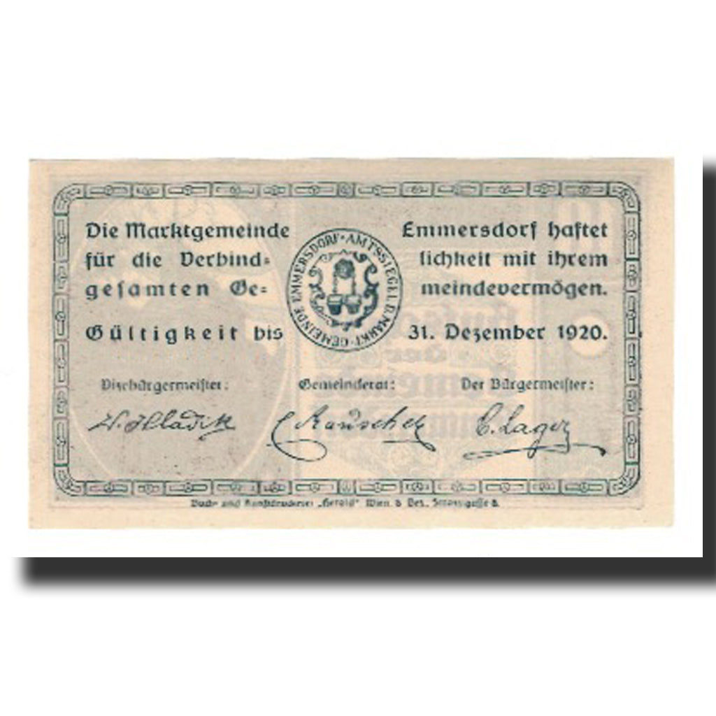 Banconote, Austria, Emmersdorf N.Ö. Gemeinde, 10 Heller, Texte, 1920