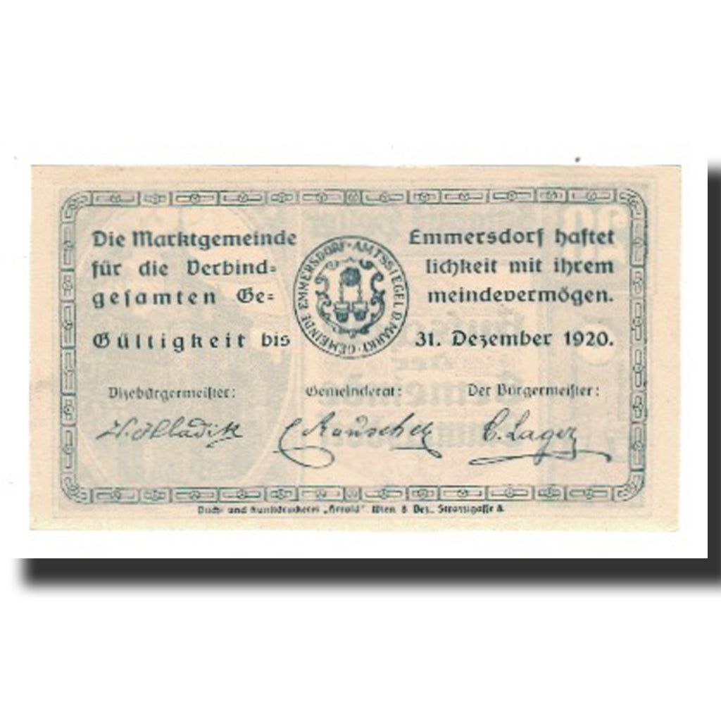 Banconote, Austria, Emmersdorf N.Ö. Gemeinde, 20 Heller, Texte 2, 1920