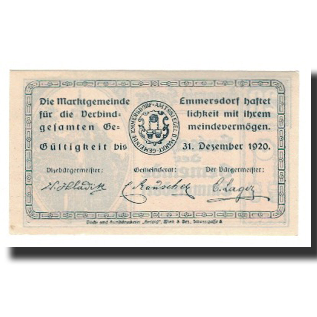 Banconote, Austria, Emmersdorf N.Ö. Gemeinde, 20 Heller, Texte 3, 1920