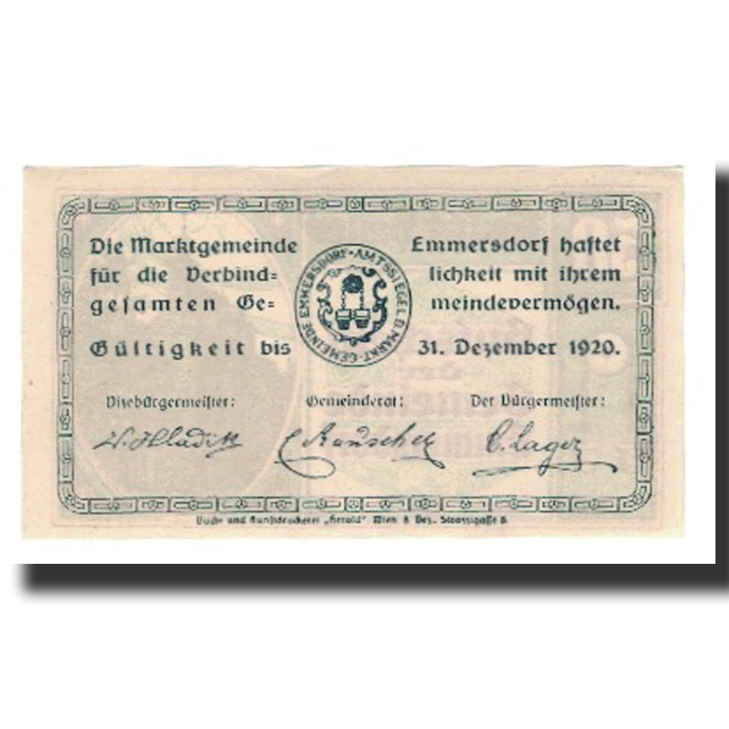 Biljet, Oostenrijk, Emmersdorf N.Ö. Gemeinde, 50 Heller, Texte 4, 1920