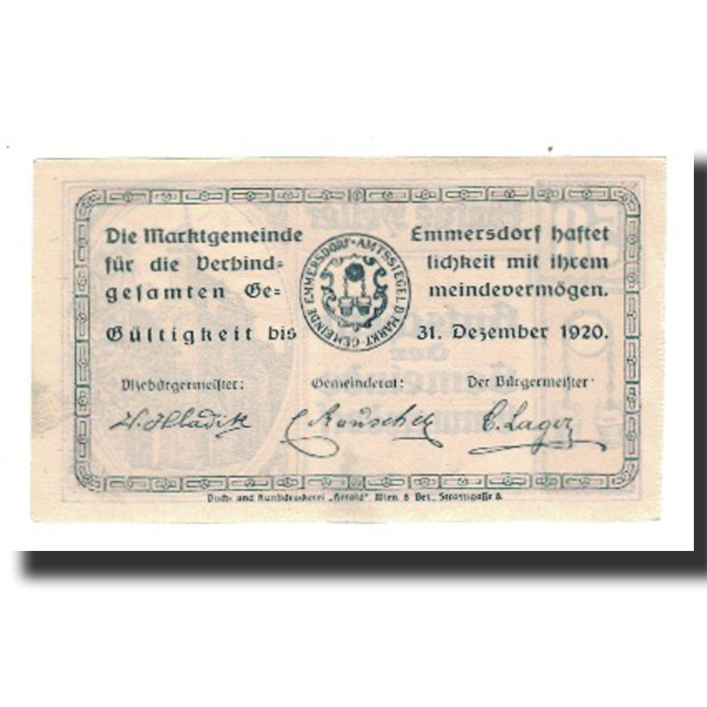 Biljet, Oostenrijk, Emmersdorf N.Ö. Gemeinde, 50 Heller, Texte  5, 1920