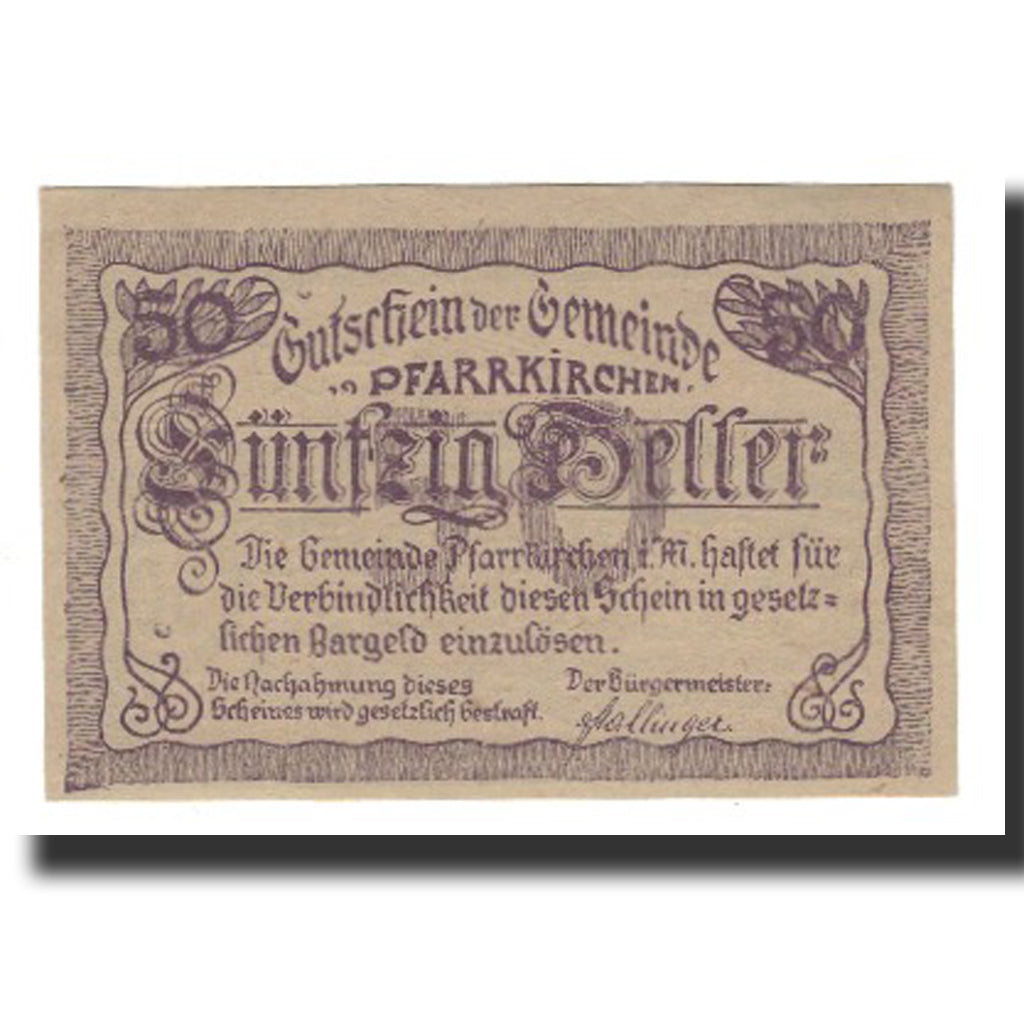 Banknot, Austria, Pfarrkirchen im Mühlkreis O.Ö. Gemeinde, 50 Heller, paysage