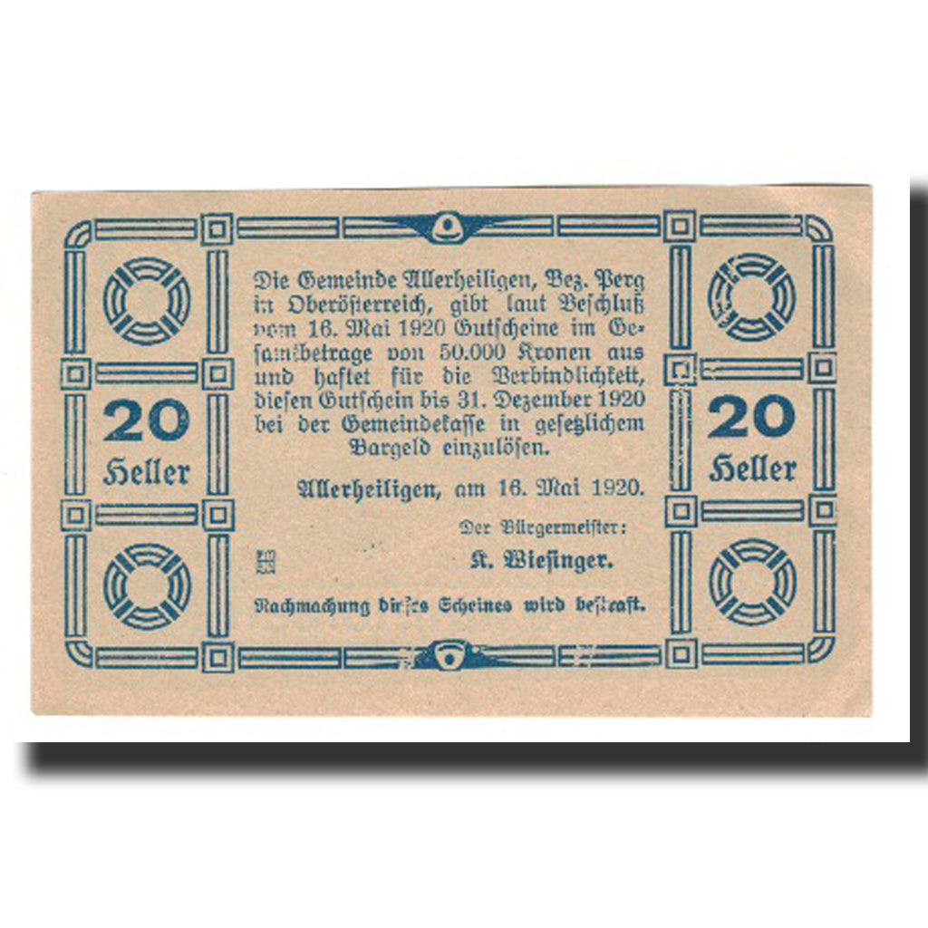 Biljet, Oostenrijk, Allerheiligen O.Ö. Gemeinde, 20 Heller, Texte, 1920