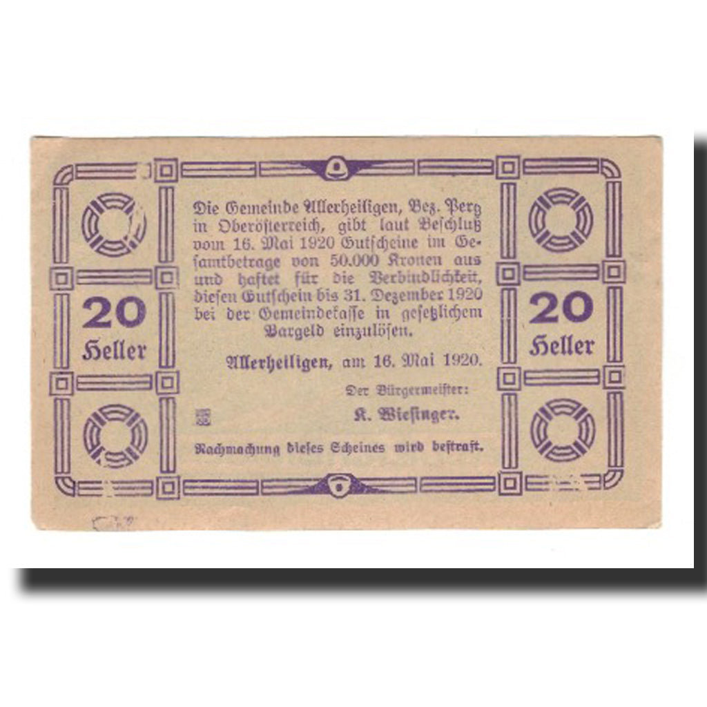 Banknot, Austria, Allerheiligen O.Ö. Gemeinde, 20 Heller, texte 1, 1920
