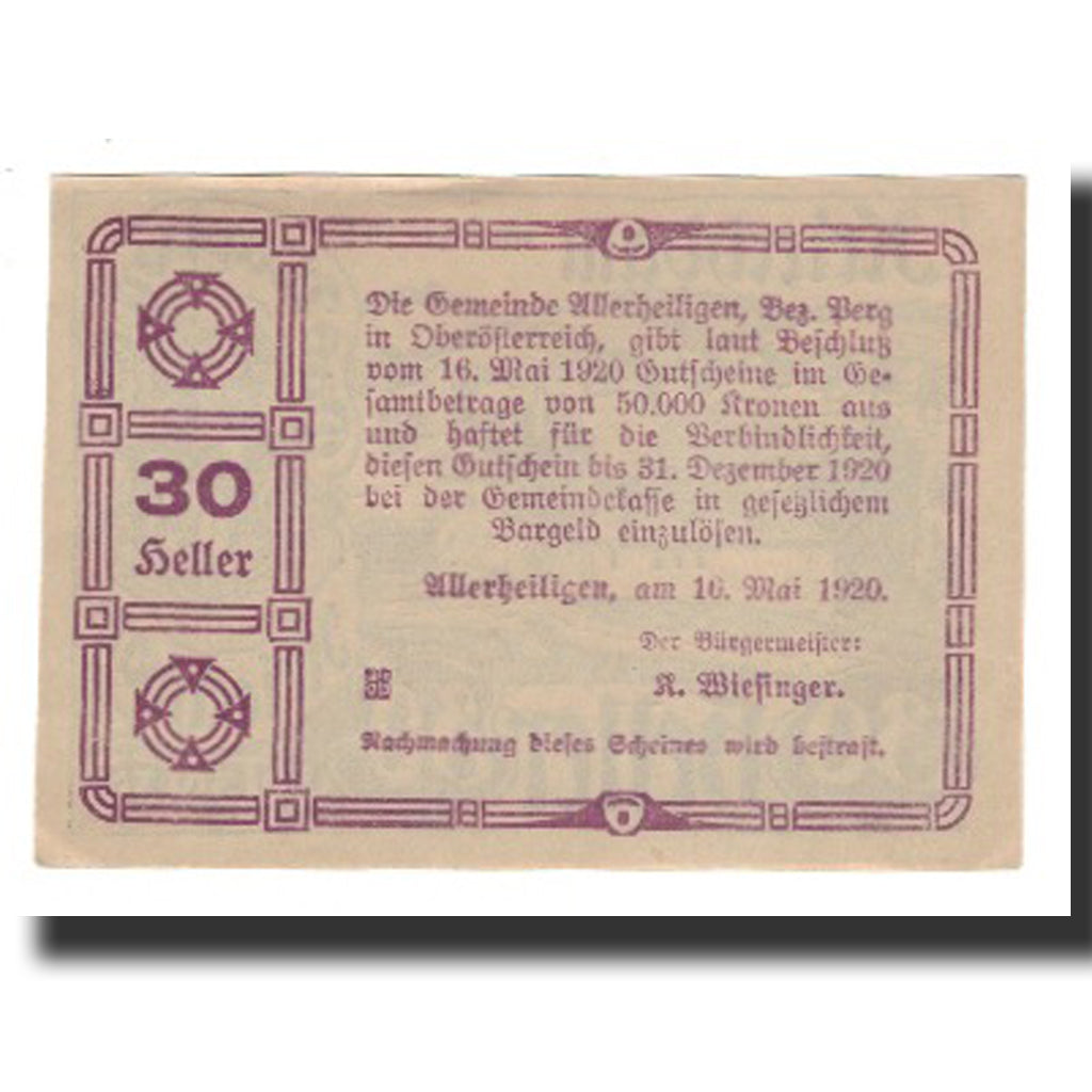 Banconote, Austria, Allerheiligen O.Ö. Gemeinde, 30 Heller, Texte 2, 1920