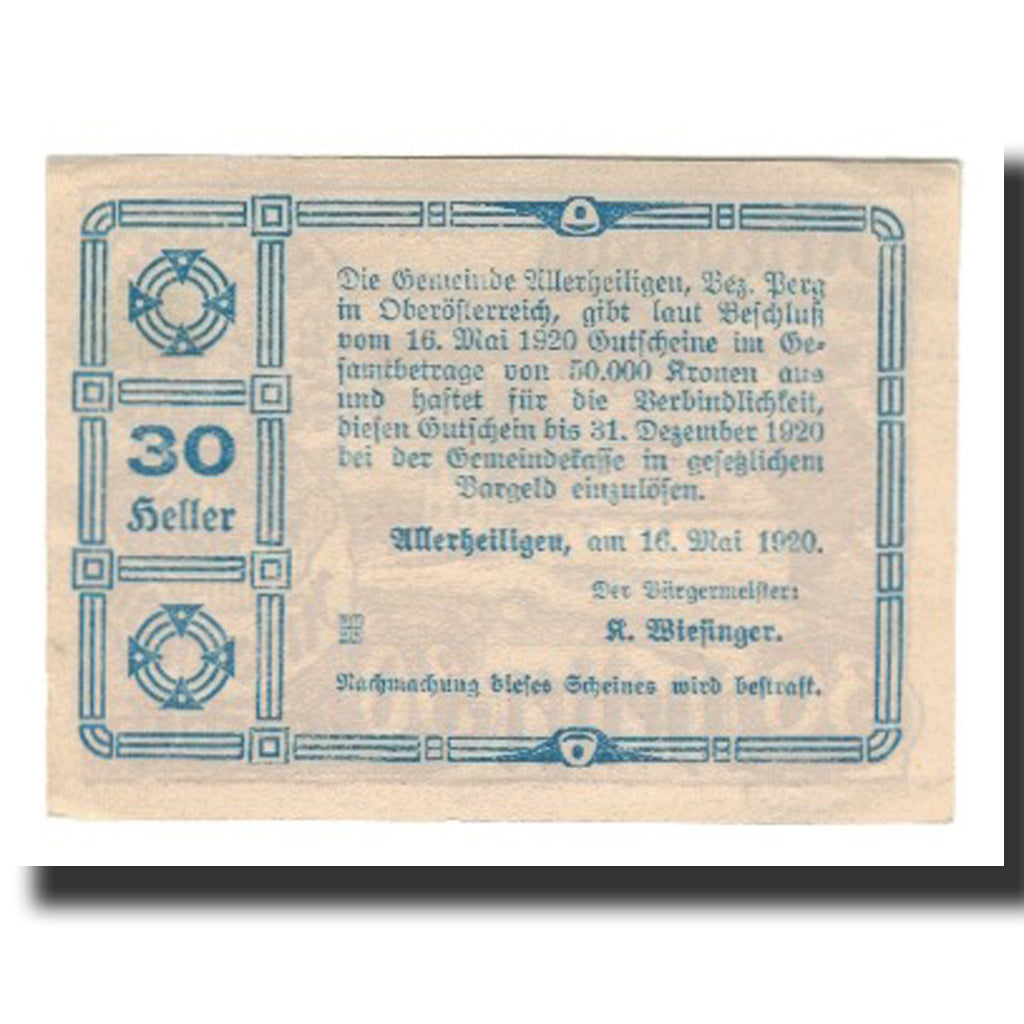Banknot, Austria, Allerheiligen O.Ö. Gemeinde, 30 Heller, Texte 3, 1920