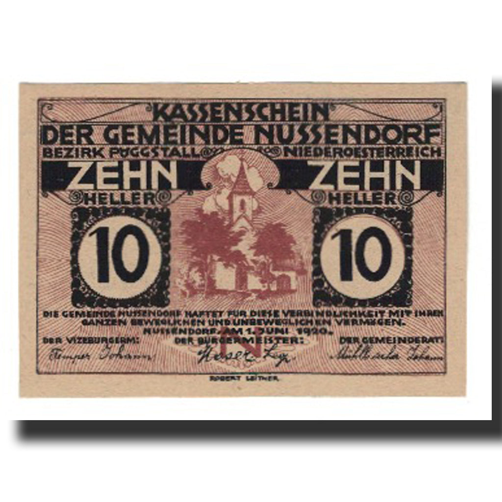 Banconote, Austria, Nussendorf - Artstetten N.Ö. Gemeinde, 10 Heller, Texte