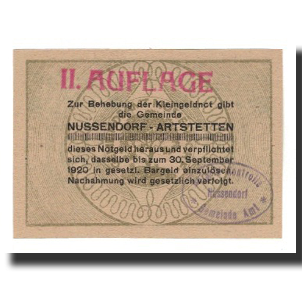 Banconote, Austria, Nussendorf - Artstetten N.Ö. Gemeinde, 10 Heller, Texte