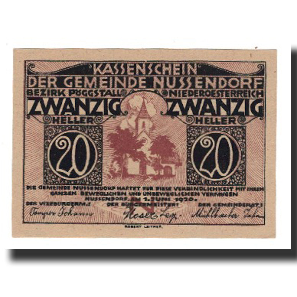 Banconote, Austria, Nussendorf - Artstetten N.Ö. Gemeinde, 20 Heller, texte 1