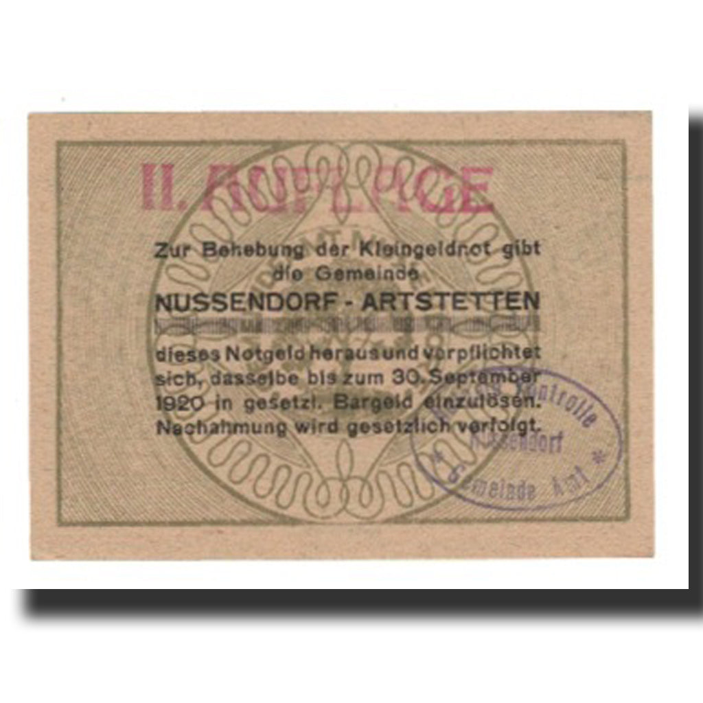 Banconote, Austria, Nussendorf - Artstetten N.Ö. Gemeinde, 20 Heller, texte 1