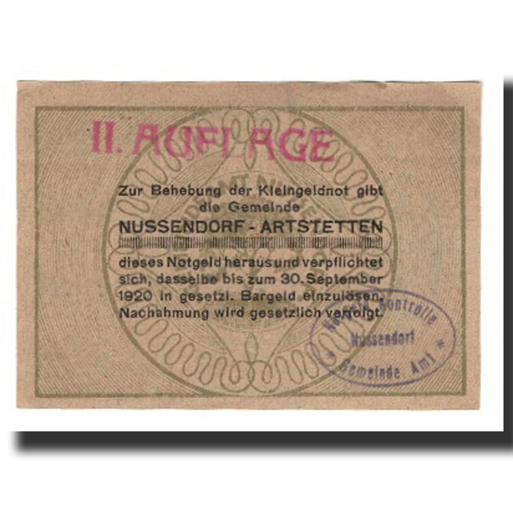 Banknot, Austria, Nussendorf - Artstetten N.Ö. Gemeinde, 50 Heller, Texte 2