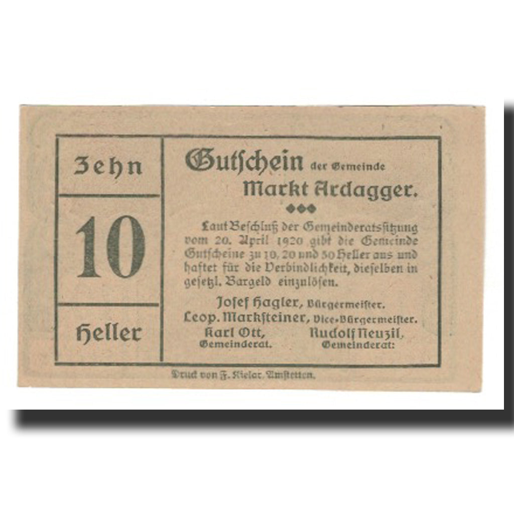 Biljet, Oostenrijk, Ardagger Markt N.Ö. Gemeinde, 10 Heller, Texte, 1920