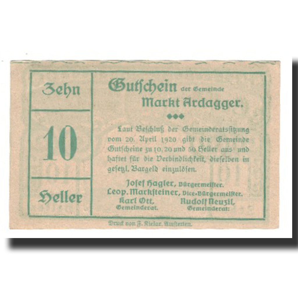 Banconote, Austria, Ardagger Markt N.Ö. Gemeinde, 10 Heller, texte 1, 1920