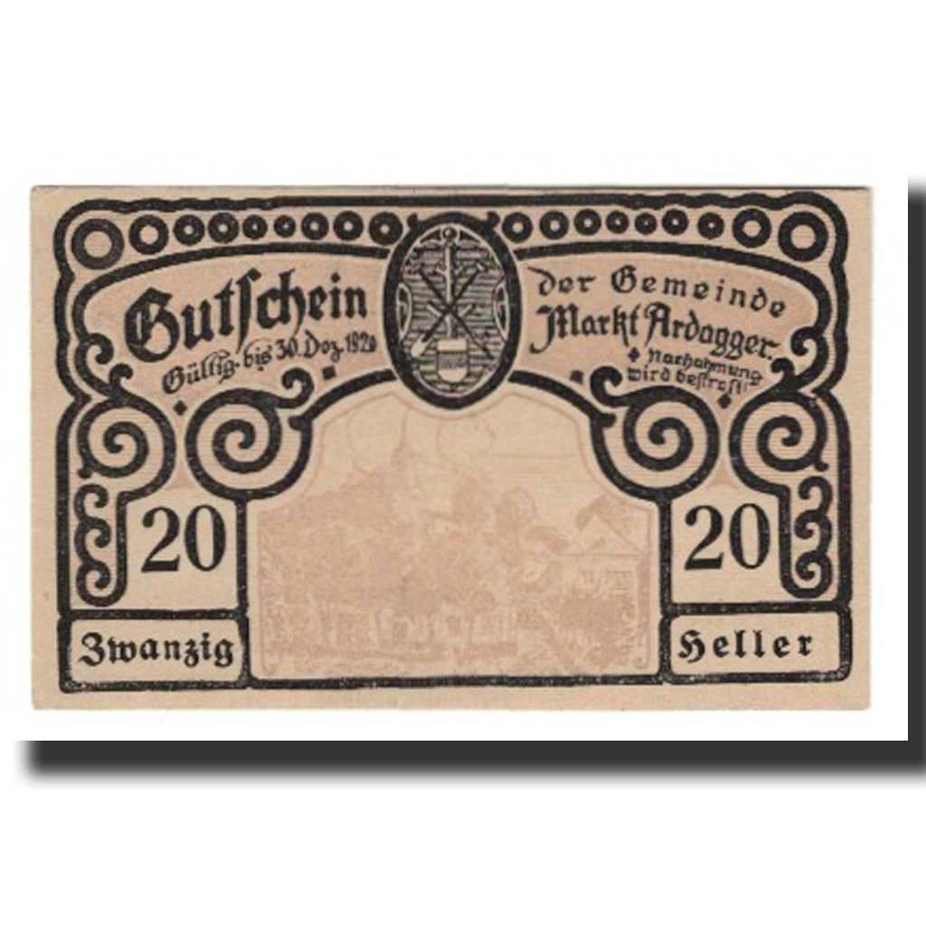 Banconote, Austria, Ardagger Markt N.Ö. Gemeinde, 20 Heller, Texte 2, 1920