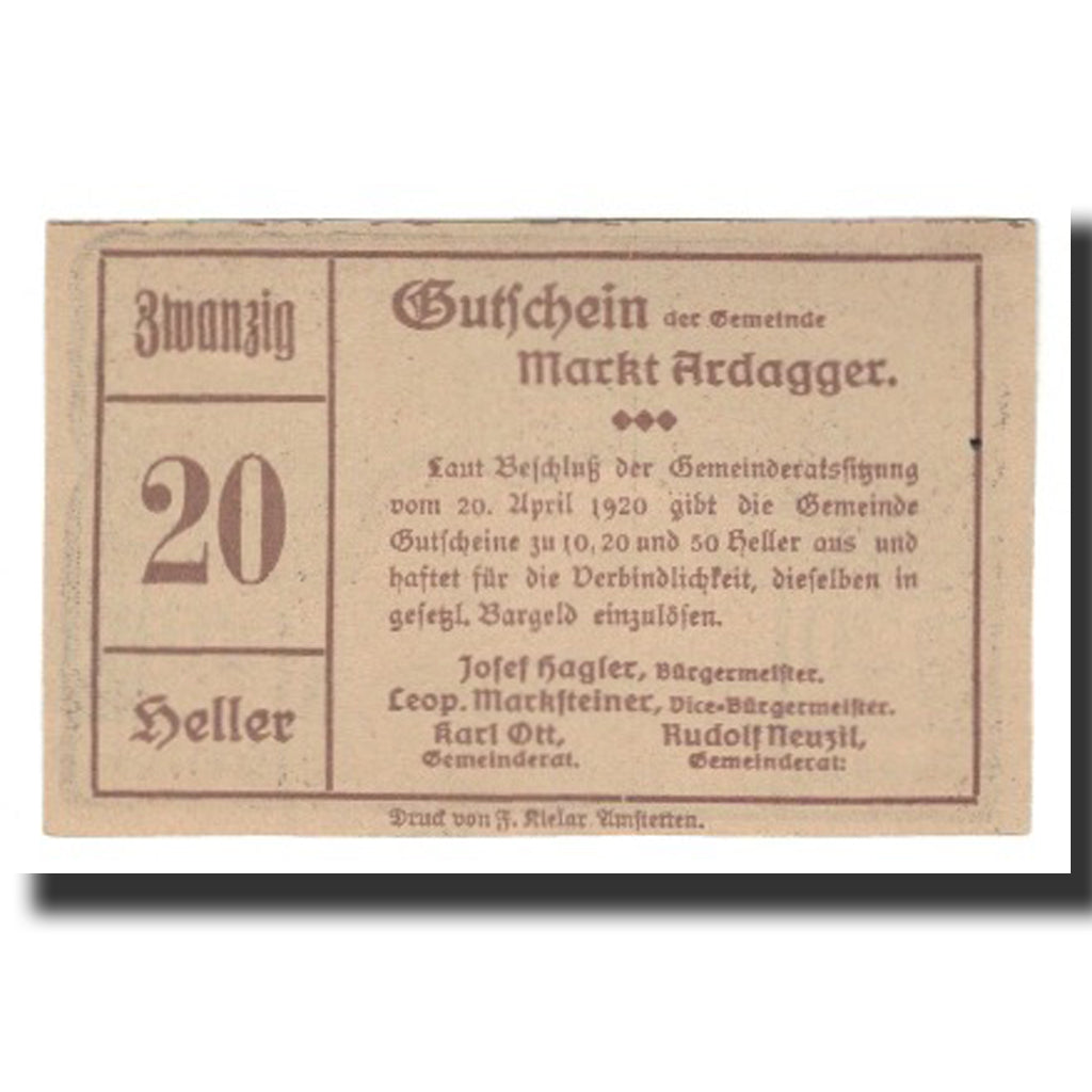 Banconote, Austria, Ardagger Markt N.Ö. Gemeinde, 20 Heller, Texte 2, 1920