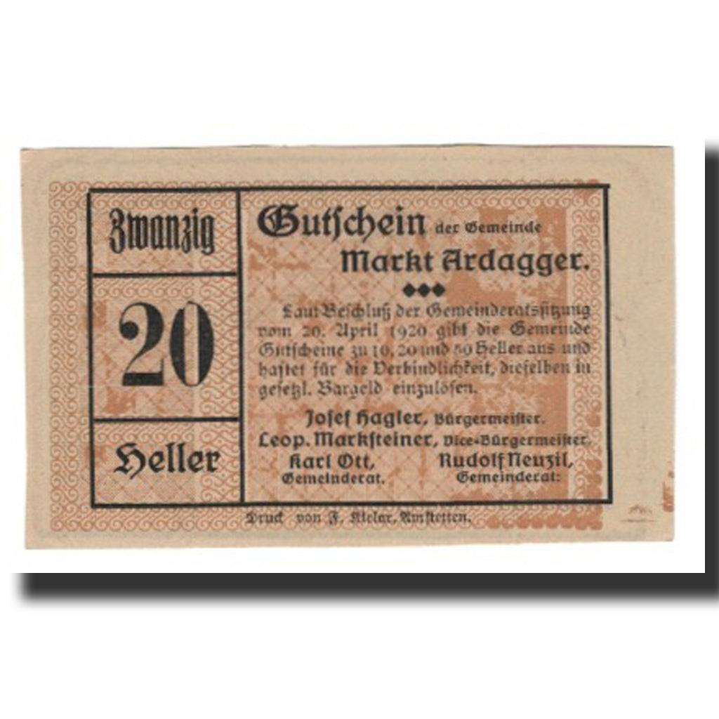 Banconote, Austria, Ardagger Markt N.Ö. Gemeinde, 20 Heller, Texte 3, 1920