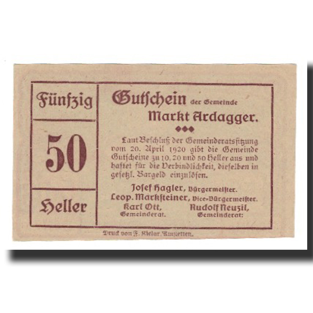 Banconote, Austria, Ardagger Markt N.Ö. Gemeinde, 50 Heller, Texte 4, 1920