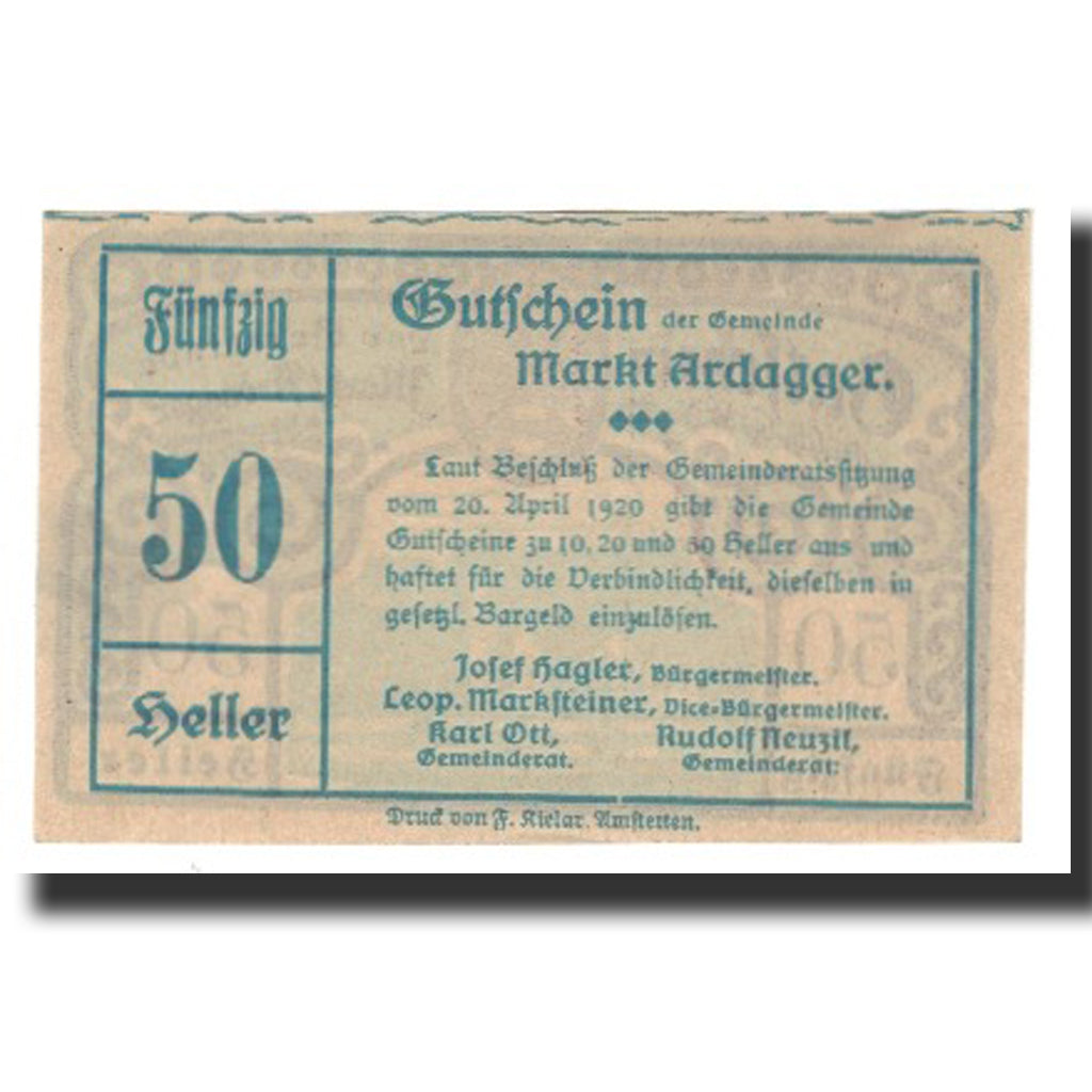 Biljet, Oostenrijk, Ardagger Markt N.Ö. Gemeinde, 50 Heller, Texte  5, 1920