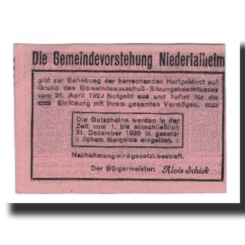 Biljet, Oostenrijk, Niedertalheim, 10 Heller, texte 1, 1920, 1920-12-31, SUP