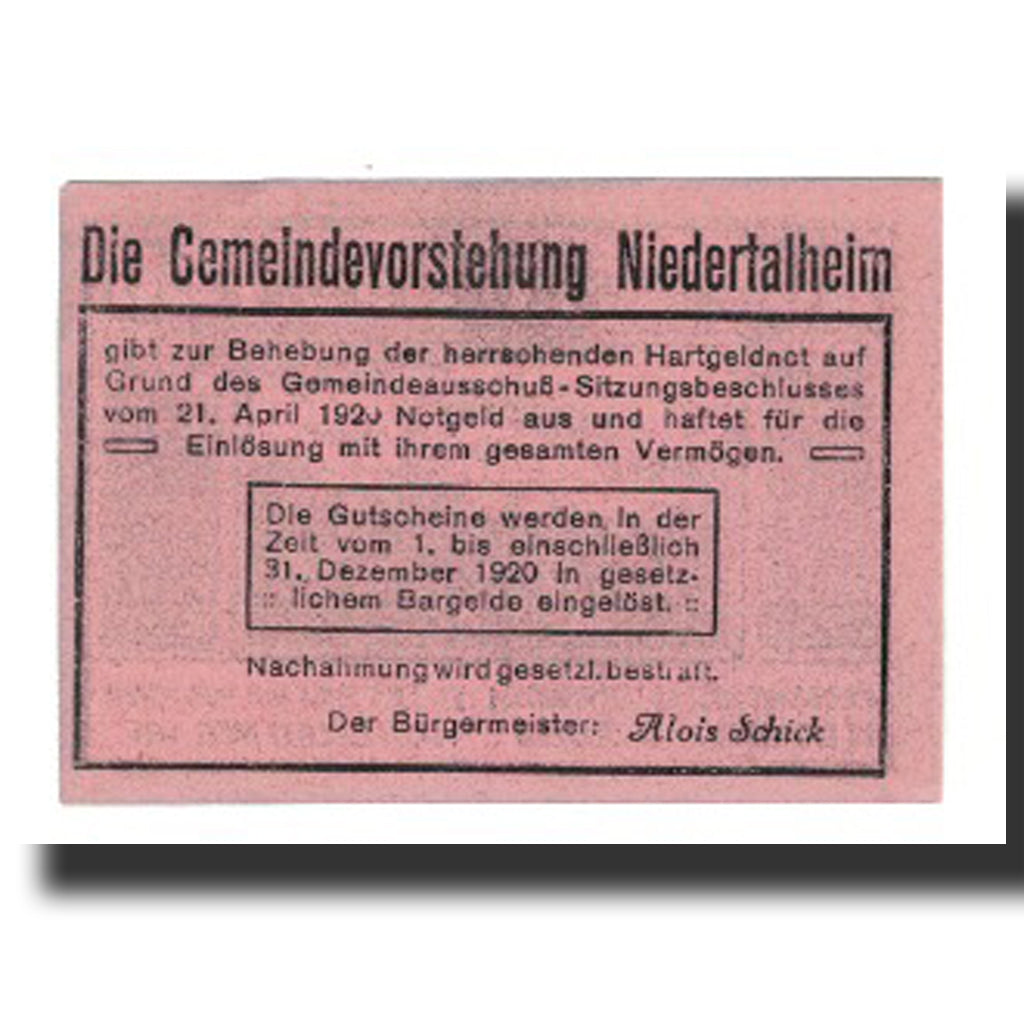 Banconote, Austria, Niedertalheim, 20 Heller, Texte 2, 1920, 1920-12-31, SPL-