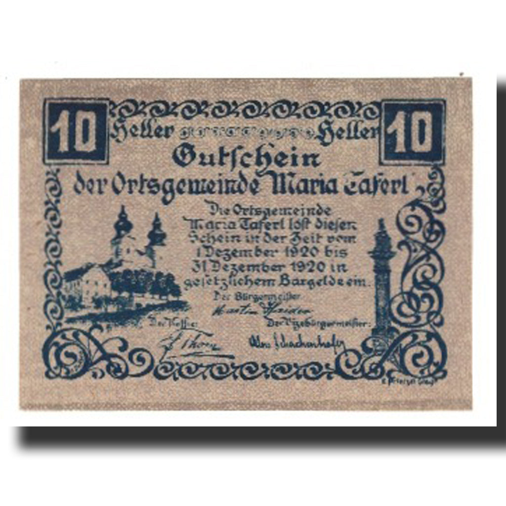 Banconote, Austria, Maria Taferl N.Ö Ortsgemeinde, 10 Heller, personnage, 1920