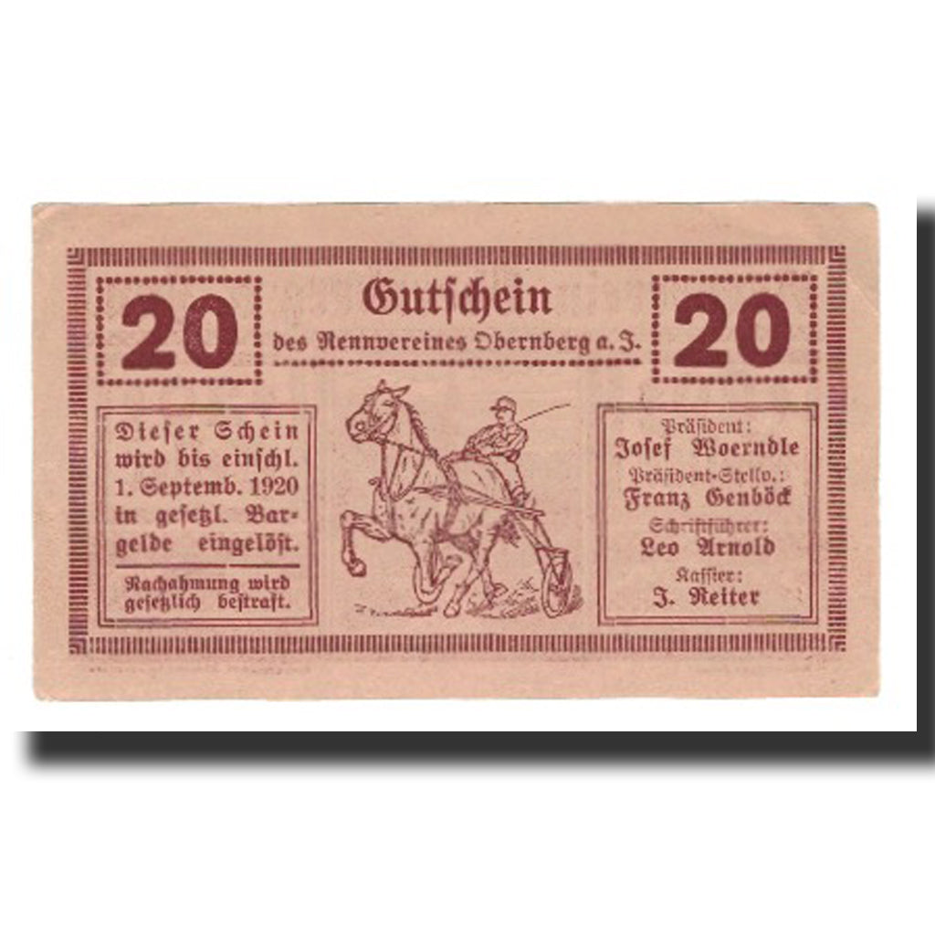 Banconote, Austria, Obernberg Am Inn, 20 Heller, cavalier 1, 1920, 1920-09-01