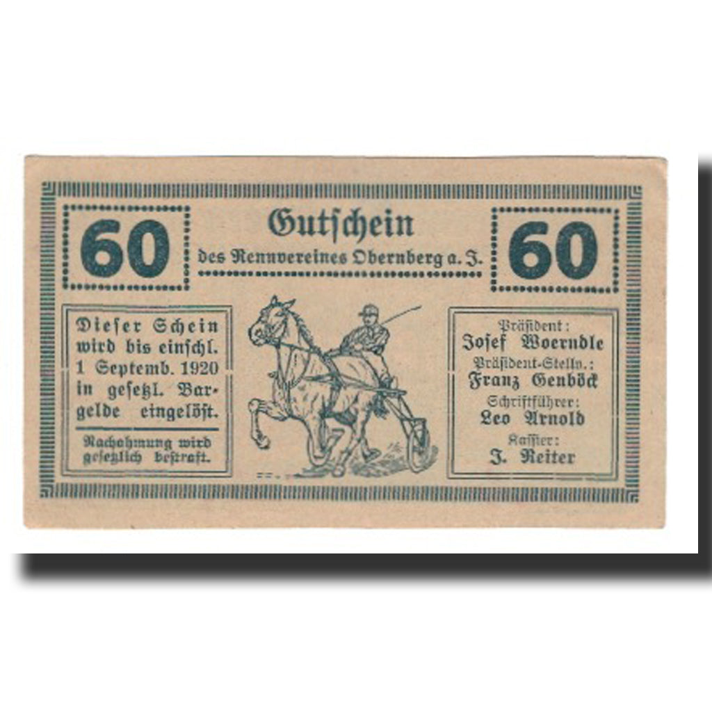 Banconote, Austria, Obernberg Am Inn, 60 Heller, cavalier 2, 1920, 1920-09-01