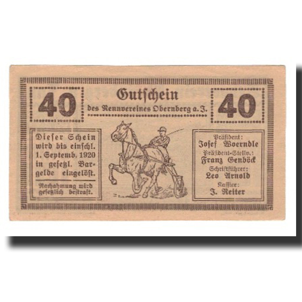 Banknot, Austria, Obernberg Am Inn, 40 Heller, cavalier 3, 1920, 1920-09-01