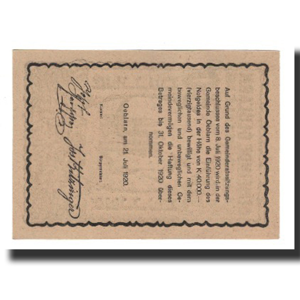 Banconote, Austria, Oeblarn im Ennstale Stm. Gemeinde, 30 Heller, texte 1, 1920