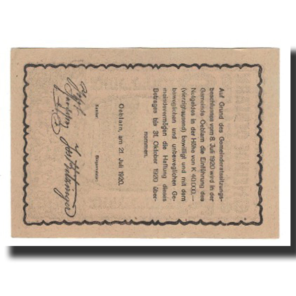 Banconote, Austria, Oeblarn im Ennstale Stm. Gemeinde, 20 Heller, Texte, 1920