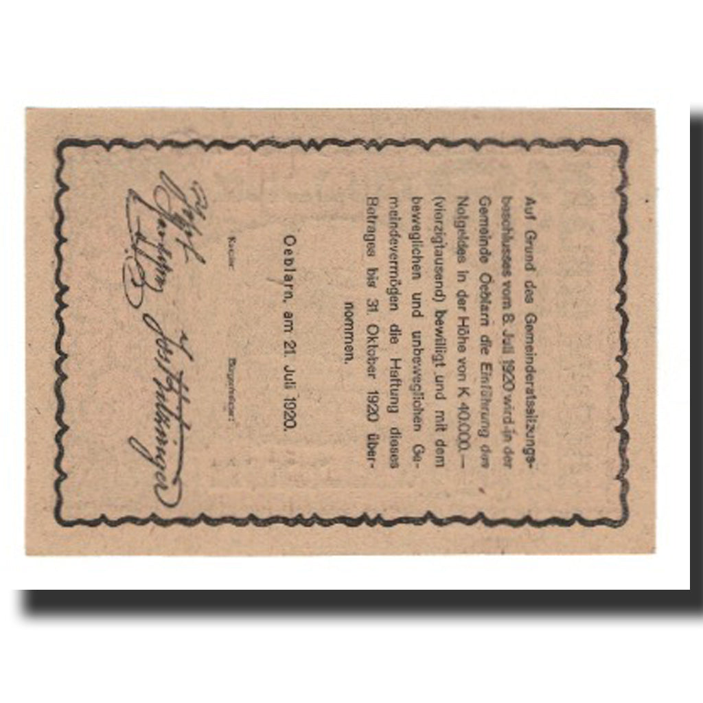 Banconote, Austria, Oeblarn im Ennstale Stm. Gemeinde, 30 Heller, texte 1, 1920