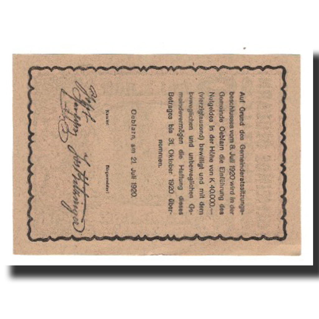 Banknot, Austria, Oeblarn im Ennstale Stm. Gemeinde, 30 Heller, Texte 2, 1920